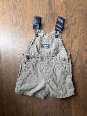 OshKosh B'gosh Olive Green Overalls with Navy Striped Suspenders